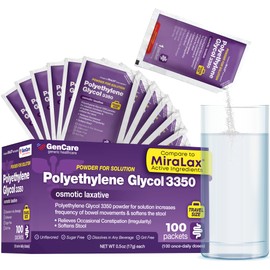 GenCare Polylethylene Glycol 3350 Powder for Solution – 100 Travel Packets – Unflavored Grit-Free Clear PEG 3350 for Occasional Constipation Relief for Women & Men – Generic MiraLAX Laxative Powder