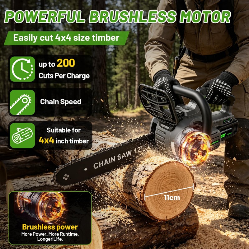 OJOYME 12" Cordless Electric Chainsaw with Brushless Motor, 2x4.0Ah Battery