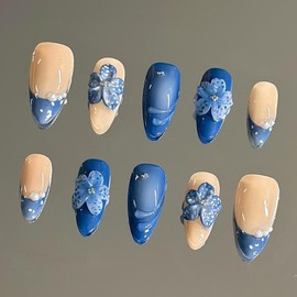 NailVesta DreamWear Collection – 100% Handcrafted 3D Press-On Nails | Reusable, Long-Lasting, Salon-Quality:_Indigo Breeze_S