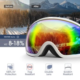 AKASO Ski Goggles, Snowboard Goggles - Anti-Fog, 100% UV Protection, Double-Layer Spherical Lenses, Helmet Compatible Snow Goggles for Adults (White-Red)