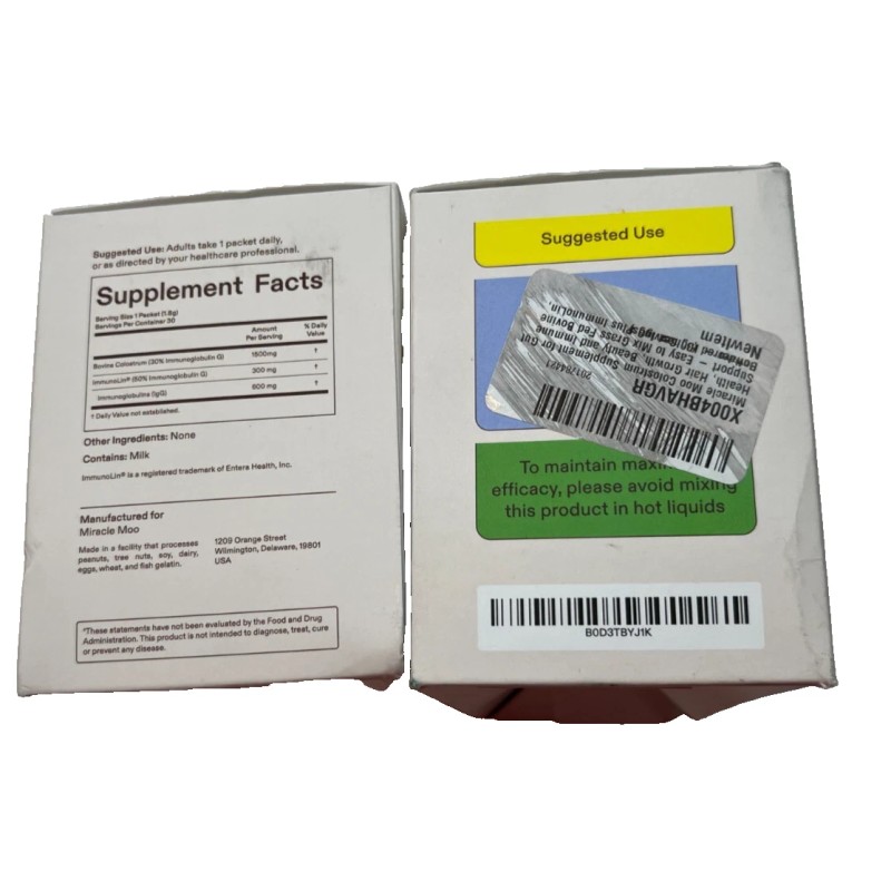 2x Miracle Moo Bovine Colostrum Dietary Supplement, 30 Unflavored Sticks