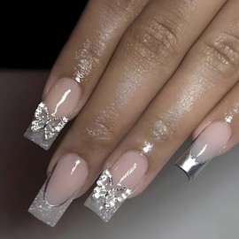 MISUD Press on Nails - Long Square Fake Nails with French Tip, Acrylic French Tip Design 24 pcs