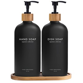 Vine Creations Black Glass Soap Dispenser Set, Hand Soap and Dish Soap Dispenser Set with Bamboo Tray, 16 oz Glass Dispensers Bottle for Kitchen and Bathroom Decor Modern Boho with Bamboo Pump (Black)