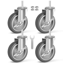 4 Inch Heavy Duty Stem Caster Wheels with Brake, 3/8-16 x 1 Threaded Stem, TPR Soft Quiet Locking Wheel, Set of 4 Swivel Casters for Cart, Furniture and Shelving