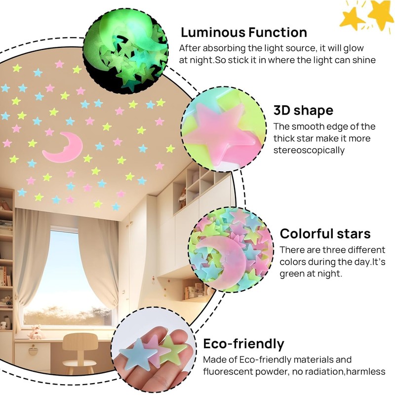 Fokmuaex 52pcs Glow-in-The-Dark Stars and Moon Wall Stickers for Kids