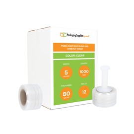 PSBM Mini Stretch Wrap with Plastic Handle, 12 Pack, 5 Inch x 1000 Feet, 80 Gauge, Made in USA, Hand Shrink Film for Pallet Moving Packing
