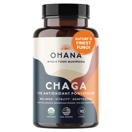 Ohana Chaga, Organic Mushrooms Blend, USDA-Organic Whole Food Mushroom Supplement, Non-GMO, Gluten-Free, 90-Capsule Bottle, Pack of 1