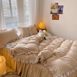 MOOWOO Chic Ruffle Lace Polyester Duvet Cover Set -Girl Black Bedding-3 Piece Queen Duvet Cover with Zipper Closure -Ultra Soft and Light Weight(Champagne, Queen)