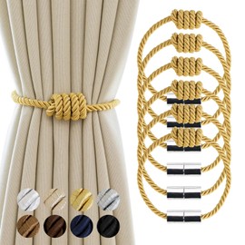 Contoeey Magnetic Curtain Tiebacks - Decorative Tie Backs for Drapes, 6 Pack Rope Holders, Gold