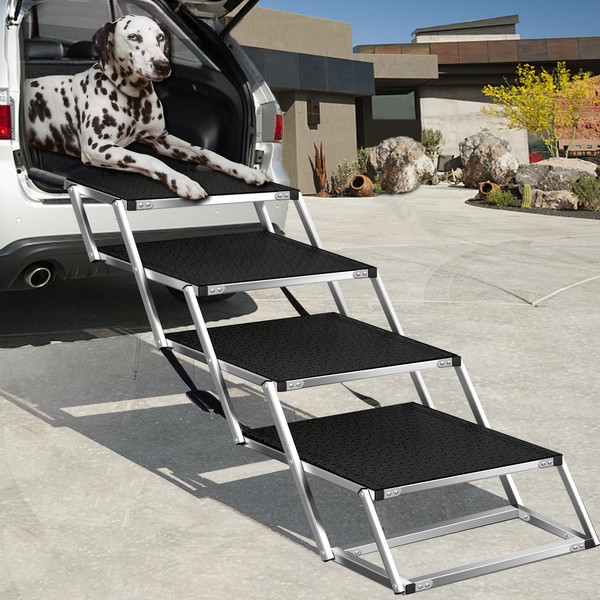 Extra Wide Foldable Dog Car Steps for Large Dogs, Portable Folding Pet Stair Ramp with Non-Slip Rug Surface，Lightweight Dog Ramps for Cars and SUV,Truck, Dog Car Stairs for Large Dogs Up to 250 lbs