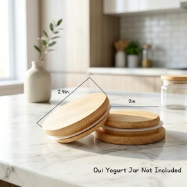 8 Pack Oui Yogurt Jar Lids, Natural Bamboo Wooden Covers with Silicone Rings and Labels, Reusable Storage Lids for 5 oz Oui Yogurt Glass Jars (Jars Not Included)