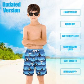 Boys Blue Whale Swim Trunks with Boxer Brief Liner Anti Chafe No Mesh Swimming Shorts Compression Lined 4-Way Stretchy UPF Quick Dry Swimsuit Size 10-12