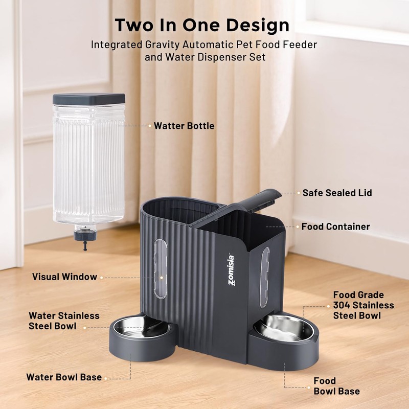 ZOMISIA Gravity Cat Feeder and Water Dispenser with 304 Stainless