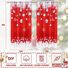 Yinhua Christmas Curtains 63 in Length 2 Panels Set, Blackout Curtains, Christmas Curtains for Living Room red with Hanging Silver Decorative Balls Room Darkening Curtains, Christmas Decor, 52×63 in