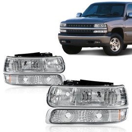 PIT66 Headlights Assembly Compatible with Chevy Silverado 1500 2500 1999 2000 2001 2002/ Silverado 1500HD 2500HD 3500 01-02/ Tahoe Suburban 00-06 Halogen Headlamp Replacement Clear Lens