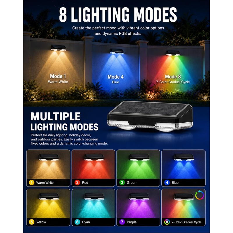 KAJICOO Solar Fence Lights Outdoor, 8 Pack Warm White &