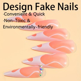 Pikabows Press On Nails Long Almond Pink Rhinestone Swirl Ballerina Fake Nails Acrylic False Nail Tips Kit Glue on Nails for Women