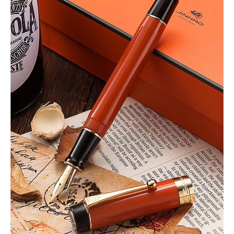 Jinhao - Pluma estilográfica clásica naranja rojo celuloide, punta mediana