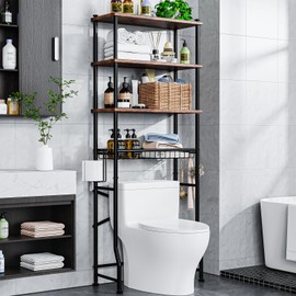 Over-The-Toilet Storage Shelf,4-Tier Bathroom Organizer Cabinet Rack And Storage Over Toilet With Shelf Waterproof Feet Pad And Basket,Multifunctional Space Saver Freestanding Bathroom Shelves（Brown）