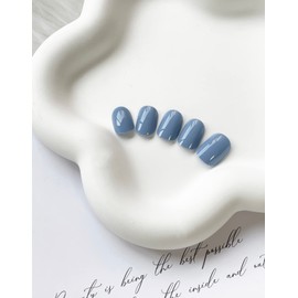 Press on Nails Square Short Blue Fake Nails Full Cover with Glossy Gray-Blue Extra Short False Nails Artificial Acrylic Nails with Designs for Women Girls 24 Pcs