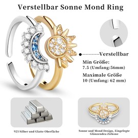 CFPLeHiYS Sun Moon Ring Set, Adjustable 925 Gold Silver Sun and Moon Rings, Dupes Jewellery Gifts for Women, Matching Rings Couples, Valentine's Day, Friendship Rings, Sterling Silver, Cubic Zirconia