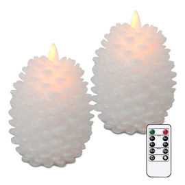 Wondise Pine Cone Flameless Flickering Candles with Remote and Timer, Set of 2 Battery Operated LED Moving Wick Real Wax Christmas Home Decoration Candle(3.5 x 4.7 Inches, White)