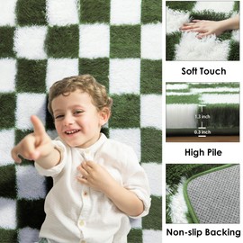 KICMOR 8x10 Area Rugs for Living Room, Large Soft Fluffy Checkered Big Fuzzy Shag Shaggy Bedroom Carpet, Olive Green and White Plush Floor Rug for Kids Boys Girls Dorm Nursery Home Decor Aesthetic