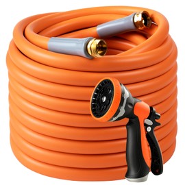 Garden Hose 50 ft x 5/8 with 10 Functions Leak-Proof Garden Hose Nozzle, Water Hose Heavy Duty, 3/4" Solid Brass Fittings, Flexible Lightweight Kink-less Hose for Watering, Washing, 600 Burst PSI
