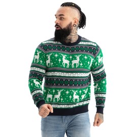 Men憇 Ugly Christmas Sweater Unisex Women`s Funny Novelty Fairisle Pullover for Party Reindeer on Repeat Green Large