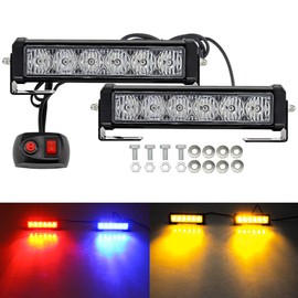 LED Emergency Strobe Lights Bar 2Pcs Red Blue Change Amber Double Color Warning Police Grille Lights Bar Surface Mount Fit for Motorcycle POV Utility Construction Vehicle and Tow Truck Van