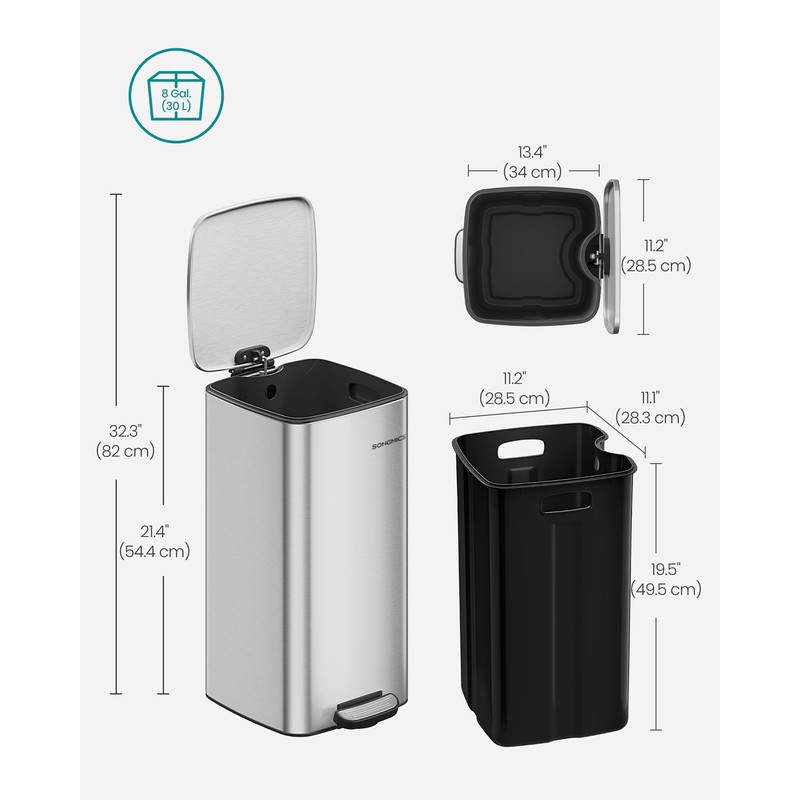 SONGMICS Kitchen Trash Can, 8-Gallon (30 L) Trash Bin, Stainless