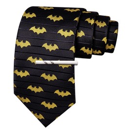 Barry.Wang Silk Ties for Men Fun Necktie and Tie Clip Set for Wedding Party Business Formal Extra Long, Bat Black Yellow, One Size