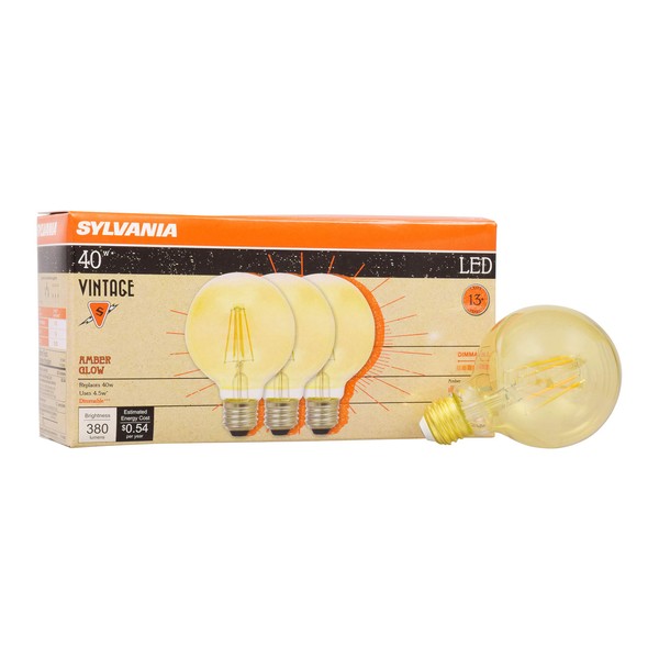 SYLVANIA LED Vintage Filament Globe G25 Light Bulb, 40W Equivalent Efficient 4.5W, Dimmable, 2175K, Amber Glow - 3 Count(Pack of 1) (40067)