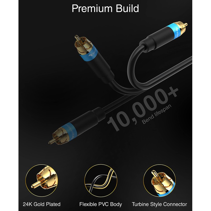 BlueRigger RCA Audio Subwoofer Cable (2M, Dual Shielded with Gold