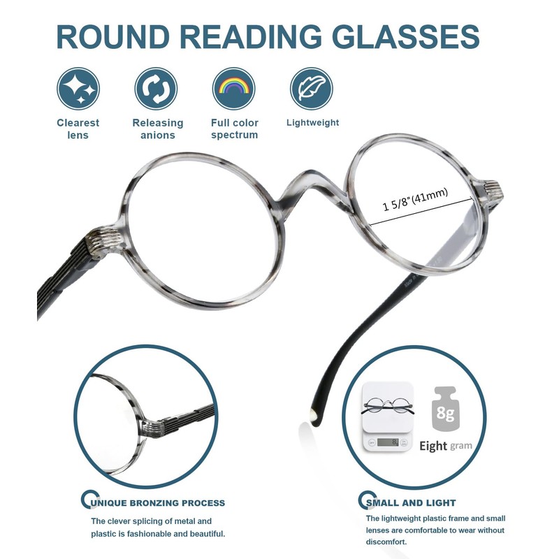 BLUELESS-Gafas de lectura redondas vintage Profesor Lectores (raya gris, 3.00)