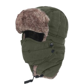 Unbranded Winter Windproof Warm Hat Earflaps Faux Fur Hunting Hat with Removable Face Mask - Army green