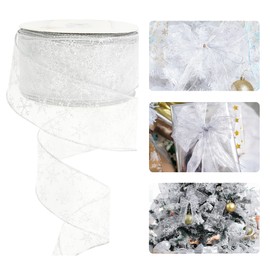 HUIHUANG Snowflake Ribbon Wired 50 Yards Silver and White Christmas Sheer Ribbon with Wire for Xmas Tree Decoration, Wreaths, Gift Wrapping, Swags (Silver/White, 2-1/2 inch)
