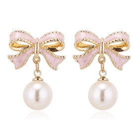 ONLYJUMP S925 Silver Needle Delicate Dainty Simple Tiny Bow Tie Ribbon Stud Earrings Handmade Sweet Bowknot Earrings for Women (Black Red) (Pink Bow)