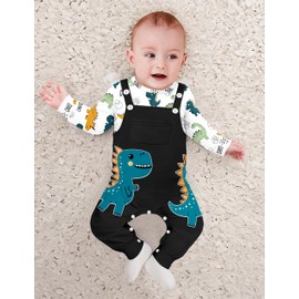 BAVADER Baby Boy Clothes 12 18 Months Boy Clothes Dinosaur Romper Adjustable Overalls Baby Boy's Clothing Infant Boys Clothes 2PCS Outfits Fall Winter Spring Grey Snap Closure