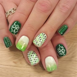 Auiremrti Stick-on false nails, pack of 24 St. Patricks Day design, press on nails, short, green, four shamrock short square artificial nails for girls