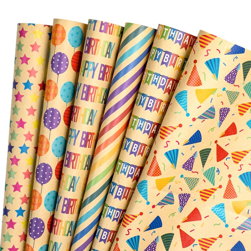 RUSPEPA Kraft Wrapping Paper Sheets - Happy Birthday Design -