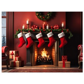 VitalCozy Christmas Fireplace Backdrop Christmas Xmas Tree Stocking Polyester Background Decoration for Photo Studio Props(Red,8 x 6 ft)