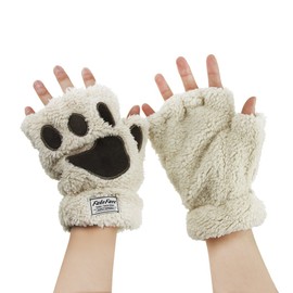 BXT Womens Girls Winter Cute Cartoon Animal Claw Half Finger Thick & Warm Soft Plush Coral Fleece String Gloves Mittens - Beige
