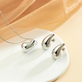 Sttoummg 2 Pieces Set Chunky Gold Hoop Earrings For Women, 925 Sterling Silver Post Drop Hypoallergenic 18K Gold Plated Lightweight Teardrop Earrings, Necklace, Fashion Jewelry