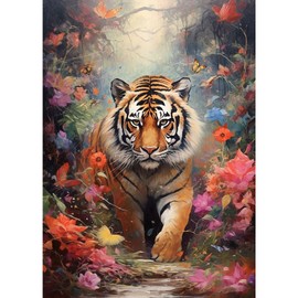 MXJSUA 5D Flower Jungle Tiger Diamond Art Painting Kits,Full Drill Round Crystal Diamond Art Gem Painting, DIY Craft Paintings Kits for Adults Home Wall Decor,30x40cm