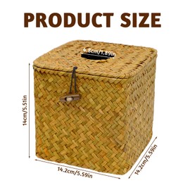 INHEMING Woven Wicker Paper Holder, Household Square Seagrass Facial Tissue Box, Tissue Box Cover Square Napkin Holder, for Home Office Car (14 x 14 x 14 cm)