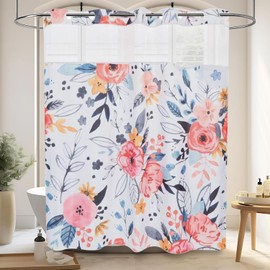 No Hook Shower Curtain with Snap In Liner 71W x 74L - Floral Shower Curtain with Window - No Hook Shower Curtain and Liner Set - Colorful Shower Curtain - Hotel Shower Curtains with Snap On Liners