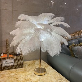White Feather Table Lamp, Touch Switch 3 Color Dimming Cordless USB Charging 30pcs Ostrich Feather Lamp, Nightstand Lamp, Desk Night Light with Gold Metal Base for Bedroom, Wedding