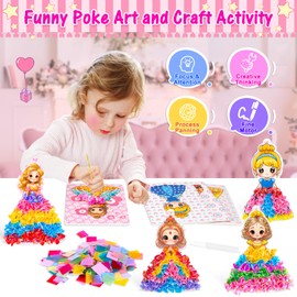RIEYON Poke Poke Art - Magical Princesses Kits for Kids, 8 Princesses & 1 Flower Arts and Crafts Mess Free DIY Creative Activity Kits, Birthday Christmas Gifts for Girls & Boys Ages 5, 6, 7, 8, 9,10