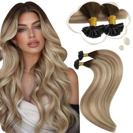 Moresoo Remy Real Hair Extensions Bondings Hot Fusion 16 Inches / 40 cm Real Hair Bondings Dark Brown to Brown with Blonde #3/8/22 Keratin U-Tip Bonding Extensions Real Hair, 50 g 1 g/s